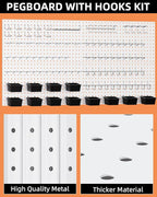 INCLY 158PCS Metal Pegboard Wall Organizer, 48x24 Inch White Pegboard Panels Tool Organizer Kit with Accessories Hooks and Bins, Peg Board Utility Tool Storage for Garage Workbench Shed