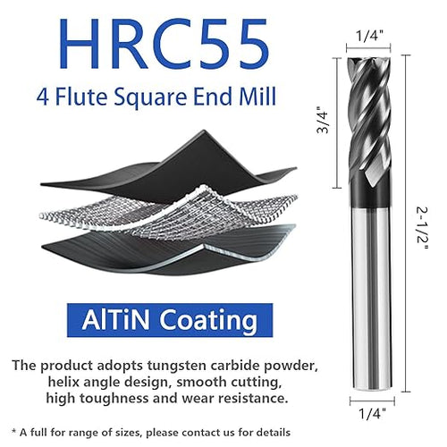 1/4" Carbide End Mill Bits Set for Alloy & Hardened Steels - Hrc55 Micro Grain, 4-Flute Milling Cutter with AlTiN Coating, CNC Router Bits, High-Performance Milling Bits