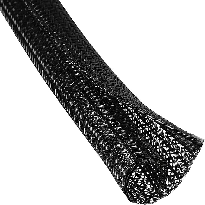 25ft – 1" Split Braided Cable Sleeve – Self-Wrapping Wire Loom Cord Protector for Power Cords, PC, TV, Automotive, and Audio Cable Management – Flexible Cable Organizer – Black