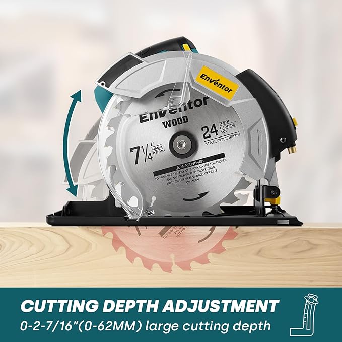Enventor 7-1/4-Inch Circular Saw, 10A Pure Copper Motor Electric Circular Saws with Laser Guide, 2 Blade Saws (40T/24T), Adjust Cutting Angle from 0° to 90°, Single Handed Bevel, 5800RPM, Blue