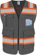 TCCFCCT Reflective Safety Vest 5 Pockets Mesh High Visibility Vest for Men Women, Hi Vis Construction Work Vest with Fluorescent Orange Edge, Durable with Reinforced Sewing, Meet ANSI/ISEA, DW-Grey, XL