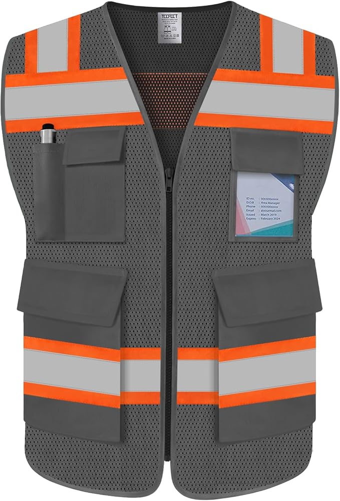 TCCFCCT High Visibility Vest 5 Pockets Mesh Reflective Safety Vest for Men Women, Hi Vis Work Vest with Reinforced Zipper and Fluorescent Orange Edge, Durable to Use, Meets ANSI/ISEA, DW-Grey, 2XL