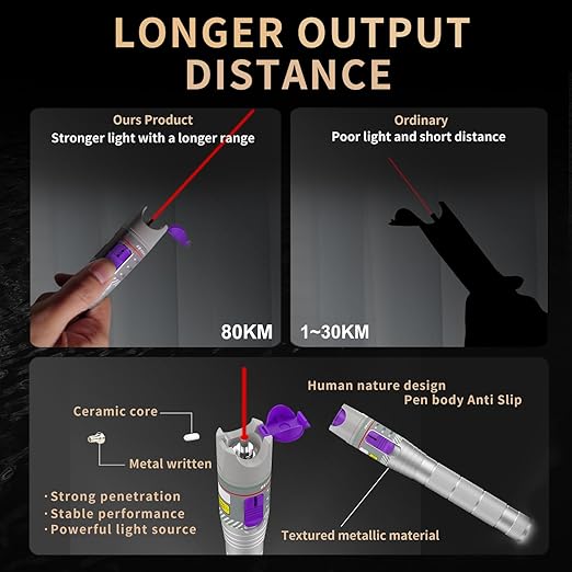 Purple 80KM Visual Fault Locator for Fiber Optic Cables, VFL Supports FC/ST/SC Interfaces, Long-Range Fault Finder, Fiber Light Pen Tester, High-Precision OTDR Mapping Tool for FTTH, Telecom