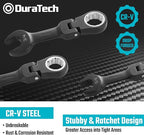 DURATECH Stubby Flex-head Ratcheting Combination Wrench Set, SAE, 8-piece, 5/16" to 3/4", CR-V Steel, Black Electrophoretic Coating, with Rolling Pouch