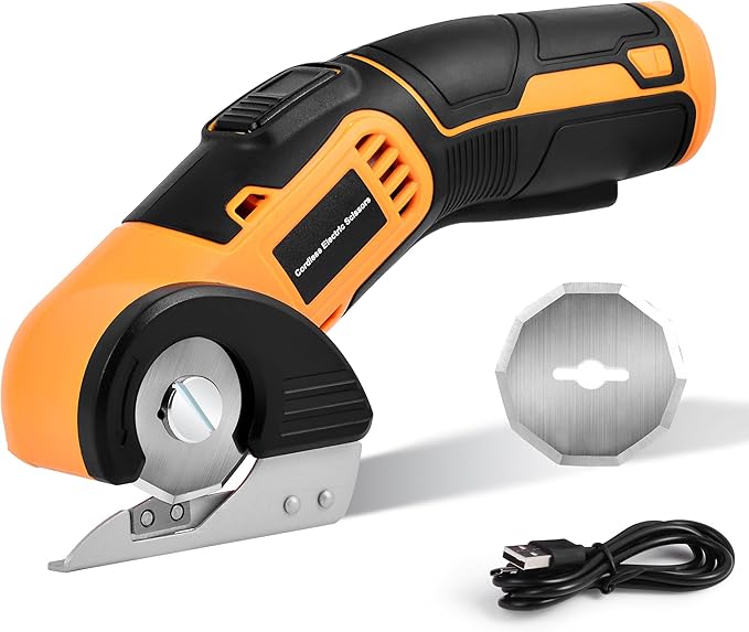 jomeda Cordless Electric Scissors, 4 V Rechargeable Rotary Cutter with Rechargeable LED Light, Safety Lock for Cutting Fabric, Cardboard, Leather, Carpet and PVC Boxes，Yellow