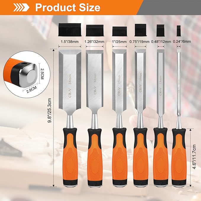 KINGBRO 6 Pcs Wood Chisel Sets, Wood Chisels for Carbon Steel Woodworking with Steel Hammer End, Durable PP+TPR High Impact Handle Wood Chisel, 6/12/19/25/32/38mm