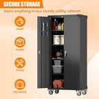 Metal Storage Cabinets with Wheels, 72" Steel Lockable Storage Cabinet with Adjustable Shelves Pegboards and Hooks for Office School Garage Warehouse Utility Room, Assembly Require, Black
