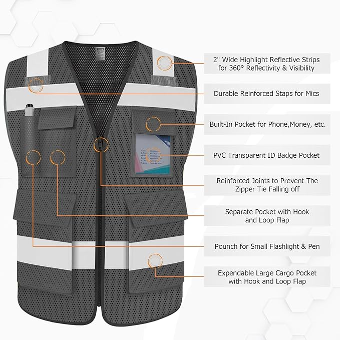 TCCFCCT Mesh Safety Vest for Men Women 5 Pockets Reflective Vest with Reinforced Zipper, High Visibility Construction Work Vest with Tabs for Walkie-talkie, Durable to Use, Meets ANSI/ISEA, Grey, XXL