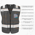 TCCFCCT Mesh Safety Vest for Men Women 5 Pockets Reflective Vest with Reinforced Zipper, High Visibility Construction Work Vest with Tabs for Walkie-talkie, Durable to Use, Meets ANSI/ISEA, Grey, XXL