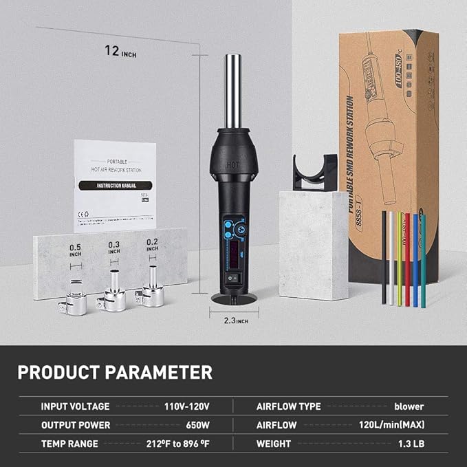 Heat Vinyl Shrink Gun Kit- 650W Portable Digital LED Display Temp Adjustable Auto Cool System Hot Air Pen Electrical Solder Heat Gun for DIY/Crafts/Shrink Wrapping/Vinyl Wrap/Wire Connectors