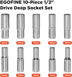 Egofine 10PCS 1/2” Drive Deep Socket Set,Metric Socket Set（10mm-21mm,6 Point Socket Set With Hanging Bracket,Cr-V Steel