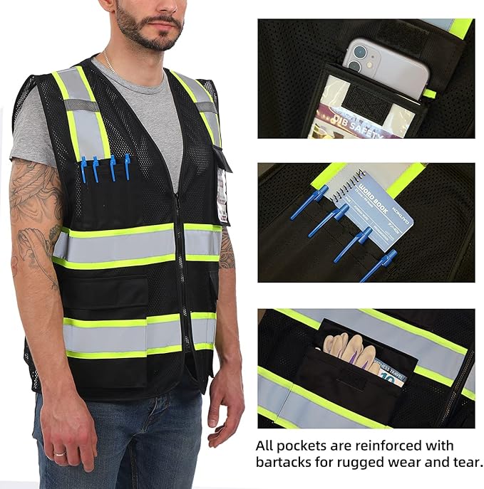 Dib Safety Reflective Mesh Vest High Visibility Two Tone with Pockets and Zipper, Black Mesh with Yellow Trim L