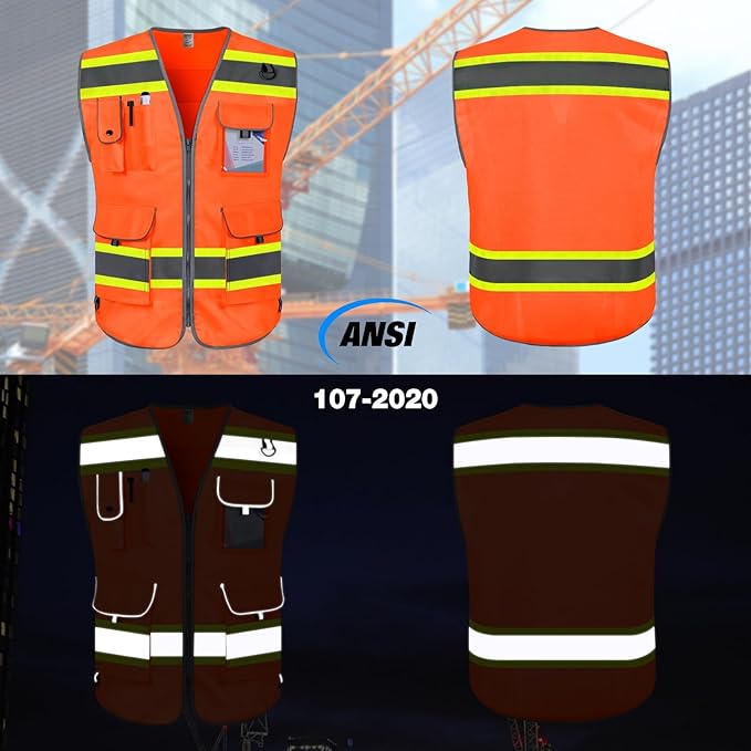 TCCFCCT Hi Vis Vest 9 Pockets High Visibility Reflective Safety Vest for Men Women, Construction Work Vest with Fluorescent Yellow Extend Edge, Durable to Use, Meets ANSI/ISEA, (DB-Orange, Medium)