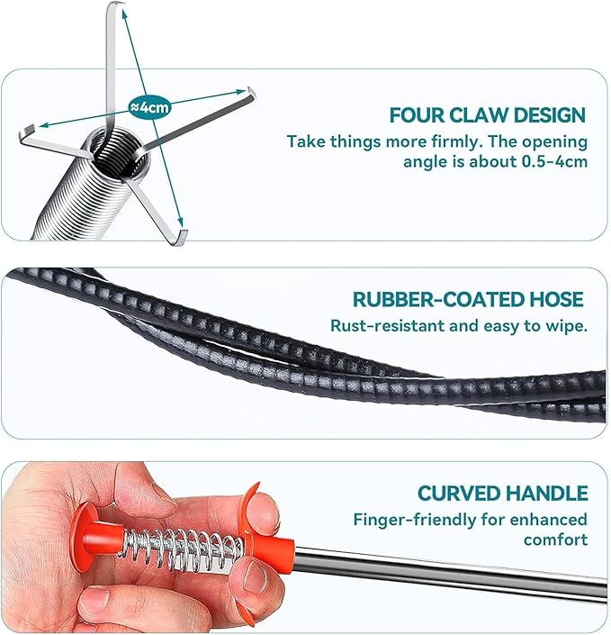 New Upgrade 76 inch Drain Snake Hair Drain Clog Remover Tool - Sink Drain Cleaner for Toilet Sewer Shower Kitchen Bathroom Tub Clogged Drains Opener Cleaning Tool, Flexible Grabber Claw Pick Up Tool