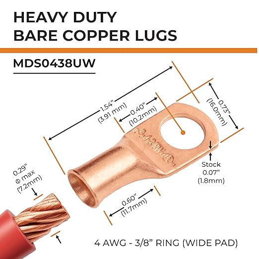 SELTERM 25pcs 4 AWG 3/8" Stud (Wide Pad) Battery Lugs, Ring Terminals, Heavy Duty Copper Wire Lugs, Battery Cable Ends, 4 Guage Ring Terminal Connectors, UL Bare Copper Eyelets Battery Cable Lugs