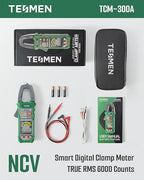 TESMEN TCM-300A Inrush Clamp Meter Multimeter 6000 Counts TRMS, Auto-Ranging Voltmeter Amp Meter with AC Current Capacitance AC/DC Voltage NCV/Live Wire Resistance Diode Temperature Continuity – Green