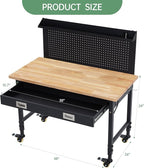 48'' Adjustable Workbench, Heavy Duty Workbench with Drawer and Backplate, 2000 LBS Capacity Work Table with Power Outlet and Lockable Wheels, Suitable for Office, Garage, Workshop