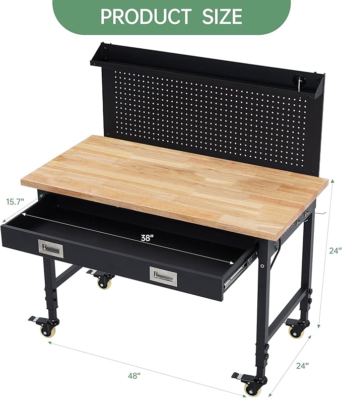 48'' Adjustable Workbench, Heavy Duty Workbench with Drawer and Backplate, 2000 LBS Capacity Work Table with Power Outlet and Lockable Wheels, Suitable for Office, Garage, Workshop