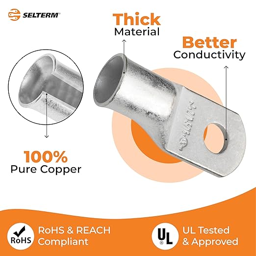 SELTERM 10pcs 2/0 AWG-5/16 Stud Tinned Copper Wire Lugs, Heavy Duty Battery Cable Ends, 00 Gauge Ring Terminals, UL Battery Lugs Marine Grade Copper Eyelets Electrical Terminal Connectors