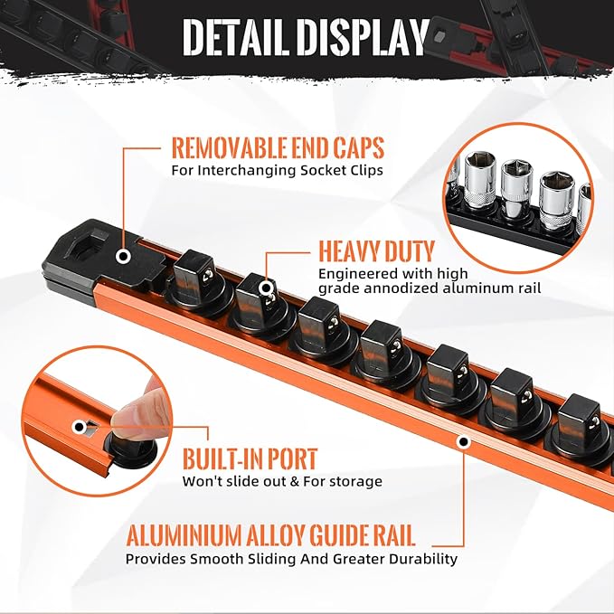 Magnetic Socket Organizer, 3-Piece Heavty Duty Aluminum Socket Holder, Socket Rail for Tool Box, Premium Quality 360° Swivel Socket Rack with 36 Clips for 1/2-Inch(Orange)
