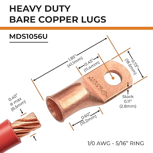 SELTERM 5pcs 1/0 AWG 5/16" Stud Copper Wire Lugs, Ring Terminals, Battery Cable Ends, 0 Gauge Ring Terminal Connectors, UL Heavy Duty Bare Copper Eyelets Battery Terminal Connectors