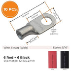 SELTERM 10pcs - 6 Awg 5/16" Stud (Wide) Battery Lugs - Ring Terminal Connectors with 12pcs 3:1 Black & Red Heat Shrink Tubing with Adhesive, Heavy Duty Battery Cable Ends - Tinned Copper Wire Lugs Kit