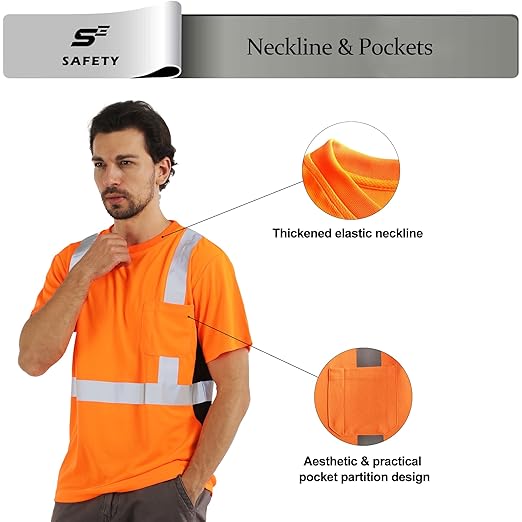 sesafety Safety Reflective Shirts, Class 2 High Visibility Shirts for Men Construction Work Mesh Short Sleeve Orange L