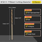 Drill Bit, #50 Cutting Diameter, 4341 HSS Gold Finish 118° Cutting Angle Number Jobber Bits - (Applications: for Drilling Soft Metal Plastic Wood), 5-Pieces
