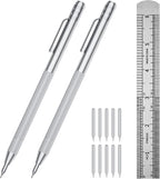 2-Pack Tungsten Carbide Scriber, Metal Scribe Tool with 25 Replacement Marking Tips & Steel Ruler - Knurled Aluminum Handle & Magnet, Engraving Pen for Glass/Ceramics/Metal Sheet (2)