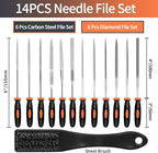 KUZURYU 14PCS Needle File Set - Small Diamond Files with 6 Jeweler's Files & 6 Steel Files （150mm）for DIY, Jewelry, Plastic, Wood & Metal Crafting – with Storage Bag & Steel Brush