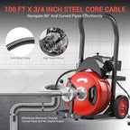 100Ft 3/4 Inch Cable Drain Cleaning Machine, 750W Auto Feed Portable Electric Sewer Snake, Electric Drain Auger with 6 Cutter Air-Activated Foot Switch for 4" to 8" Pipes