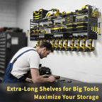 Power Tool Organizer Wall Mount, 49" Heavy Duty 4-Tier Garage Storage Shelf with 12 Drills Holder, Pegboard Side Panels,4 Long Hooks, Large Tool Battery Holder Metal Tool Shelf Rack