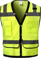 Reflective Safety vest With back plan pocket,High visibility Class 2 Heavy Duty Surveyor Vest,Hi Vis Vest ANSI/ISEA Standard, Construction Work Vest for Men＆Women(Lime-Button,5XL)