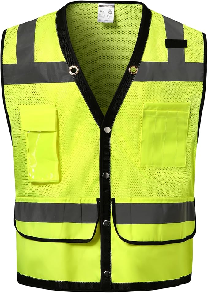 Reflective Safety vest With back plan pocket,High visibility Class 2 Heavy Duty Surveyor Vest,Hi Vis Vest ANSI/ISEA Standard, Construction Work Vest for Men＆Women(Lime-Button,5XL)