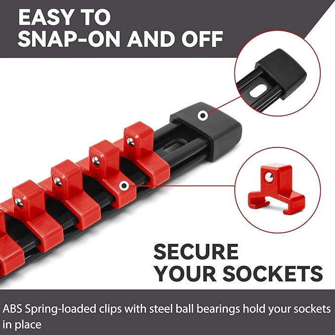 ALOANES 18 PC ABS Socket Organizer, 1/2", 3/8", & 1/4" Drive Racks, Heavy Duty Socket Holders with Red Clips