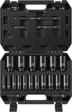 25-Piece 1/2" Drive Socket Set, SAE (3/8"- 1-1/2"), Deep Sockets, Extension Bars, 1/2" F to 3/8" M Reducer,3/8" F to 1/2" M Reducer, Universal Joint, 6 Point Design, Cr-V