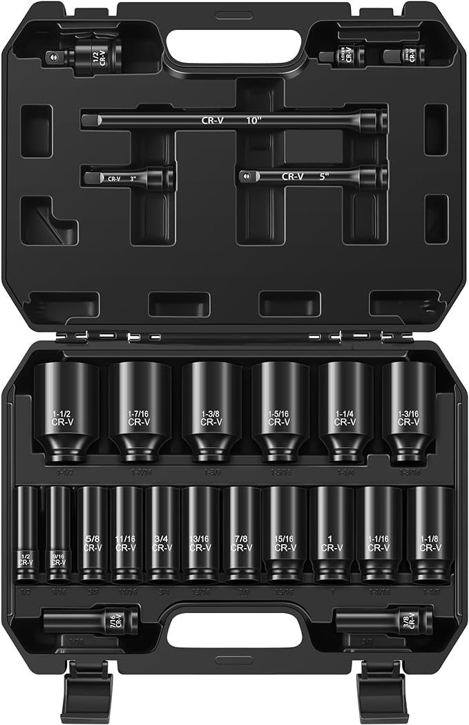 25-Piece 1/2" Drive Socket Set, SAE (3/8"- 1-1/2"), Deep Sockets, Extension Bars, 1/2" F to 3/8" M Reducer,3/8" F to 1/2" M Reducer, Universal Joint, 6 Point Design, Cr-V