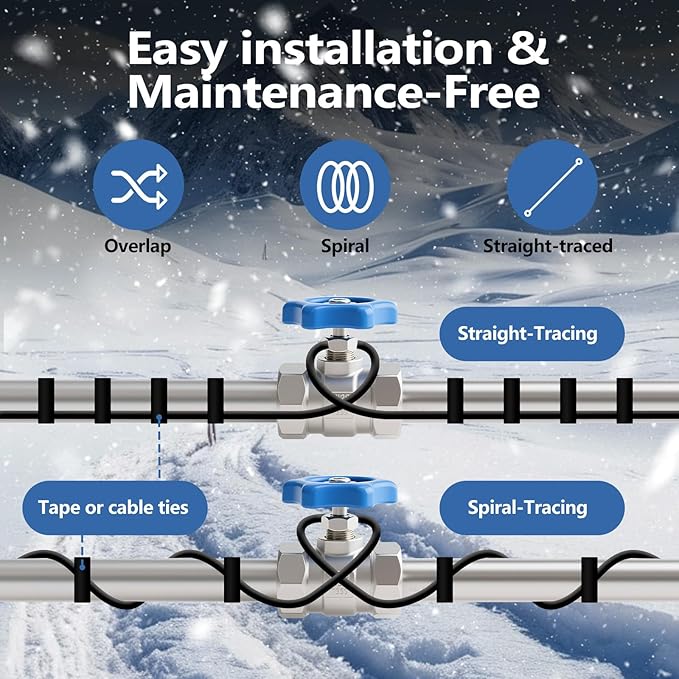 Pipe Heating Cable 6FT (3FT-200FT) for Metal & Plastic Water Pipes - Freeze Protection up to -40°F, 5W/FT 120V Heat Tape to Keep Water Flowing