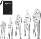 Amazon Basics 5-Piece CR-V Locking Pliers and Wire Cutters Set with Carrying Case, 2 Straight, 3 Curved Jaw, 6.5-10 inch, Silver