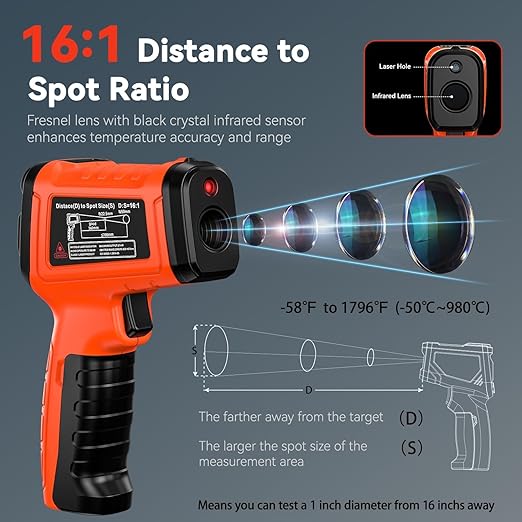 Dual-Mode 50:1 Infrared Thermometer Gun -58°F to 1796°F, with K-Type Thermocouple for Internal Measurements, Max/Min Temperature, Alarm for Industrial & Home Use