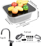 Folding RV Sink & Faucet Combo W/Lid, Bar Kitchen Sink 15 x 17 In Undermount Drop-in Sinks 304 Stainless Steel Single Bowl Workstation Sink Caravan Camper Van Boat Trailer Sink Hand Wash Basin