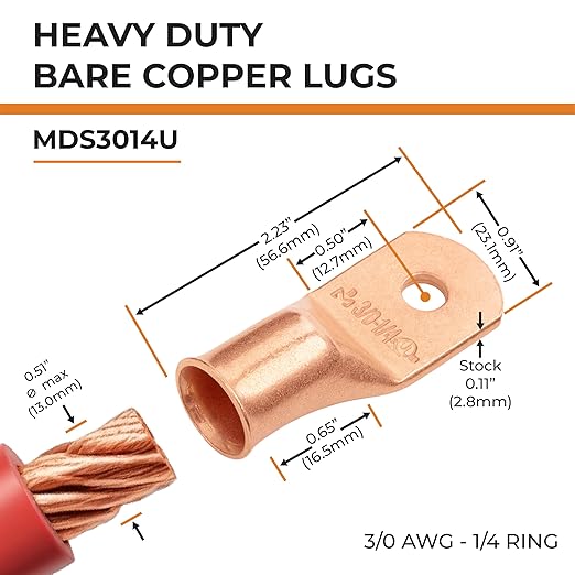 SELTERM 5pcs 3/0 AWG 1/4" Stud Copper Wire Lugs, Ring Terminals, Battery Cable Ends, 000 Gauge Ring Terminal Connectors, UL Heavy Duty Bare Copper Eyelets Battery Terminal Connectors