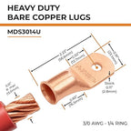 SELTERM 25pcs 3/0 AWG 1/4" Stud Battery Lugs, Ring Terminals, Heavy Duty Copper Wire Lugs, Battery Cable Ends, 000 Gauge Ring Terminal Connectors, UL Bare Copper Eyelets Electrical Battery Cable Lugs
