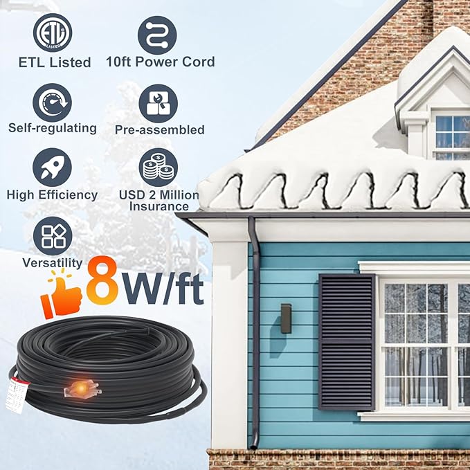 HEATIT 8JHSF1 Self Regulating Pre-Assembled Heating Cable with Spacer and Clips, Heat Tape for Roof Deicing and Pipe Freeze Protection,120V 8W/ft, 9FT