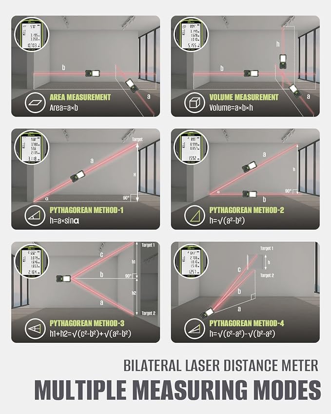 Dual Laser Measurement Tool, 393Ft/120M Bilateral Laser Distance Meter, Rechargeable Laser Measure with Ft/in/M Multiple Units, Angle Sensor, Pythagorean Mode, Area and Volume