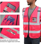 Dib Safety Reflective Vest High Visibility with Pockets and Zipper, Pink XL