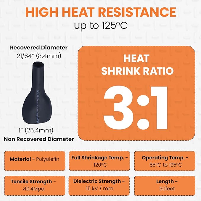 SELTERM 1" Black [50 Feet] Marine Grade Heat Shrink Tubing Roll, 3:1 Ratio Dual Wall Adhesive Lined Waterproof Heat Shrink Wrap Tube, for Battery Cable Lugs Wire Terminals Connectors