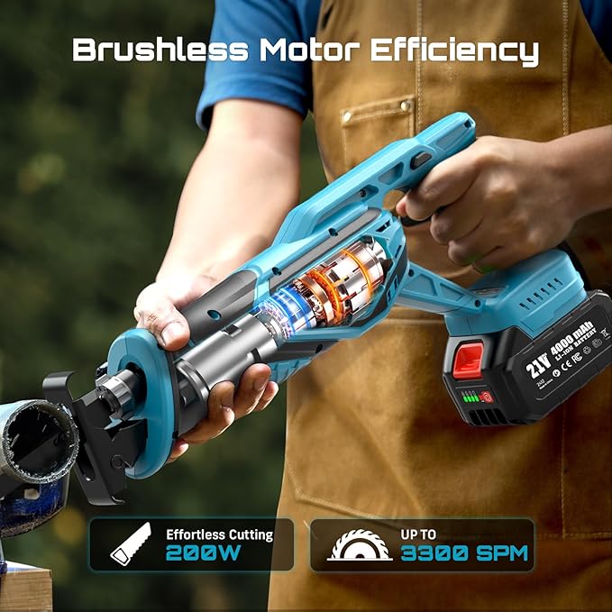 Seesii Reciprocating Saw Cordless, 3300 RPM Brushless Motor with 2 x 4.0Ah Batteries, 8 Saw Blades Portable for Wood PVC Cutting
