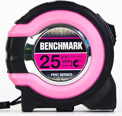 Benchmark - Pink - 3 Pack - 25 ft Tape Measures - Easy to Read Fractions to 1/8th inch - Magnetic Tip - Thumb and Quick Lock - Autowind - Belt Clip