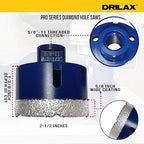 Drilax Pro Series 2-1/2 Inch Diamond Hole Saw | for Angle Grinders (5/8"-11 Thread) & Regular Drills (Adapter Incl.) | 1-3/8" Depth | Fast Dry Drilling for Large Pipes, Vents, Conduit | Long Life